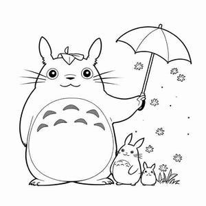 May include: A black and white line drawing of a large, furry creature with a small, furry creature and a small umbrella. The large creature has large, round eyes and a small, pointed nose. The small creature has a similar appearance, but is smaller in size. The umbrella is open and has a handle.