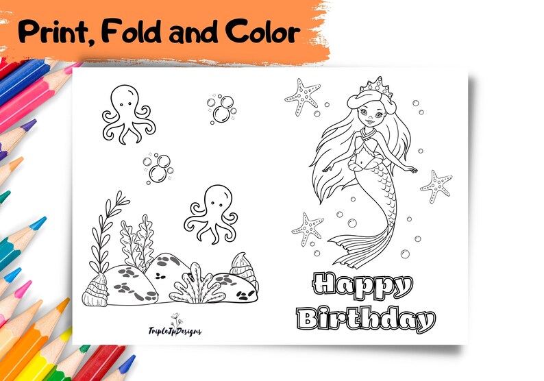 PRINTABLE Happy Birthday Mermaid Coloring Card | Color Your Own DIY ...