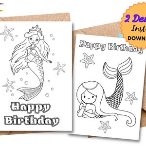 PRINTABLE Happy Birthday Mermaid Coloring Card | Color your own DIY birthday card | Digital DOWNLOAD | Coloring birthday cards for kids |