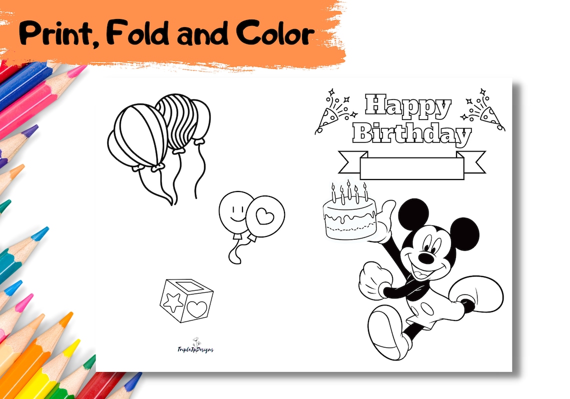 PRINTABLE Happy Birthday Mickey Mouse Coloring Card | Color Your Own ...