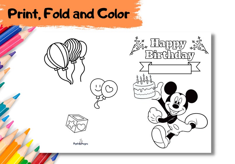PRINTABLE Happy Birthday Mickey Mouse Coloring Card Color Your Own DIY