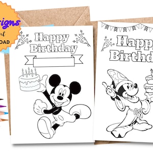 IMPRIMIBLE Feliz cumpleaños Mickey Mouse Tarjeta para colorear / Colorea tu propia tarjeta de cumpleaños DIY / DESCARGA digital / Tarjetas de cumpleaños para colorear para niños