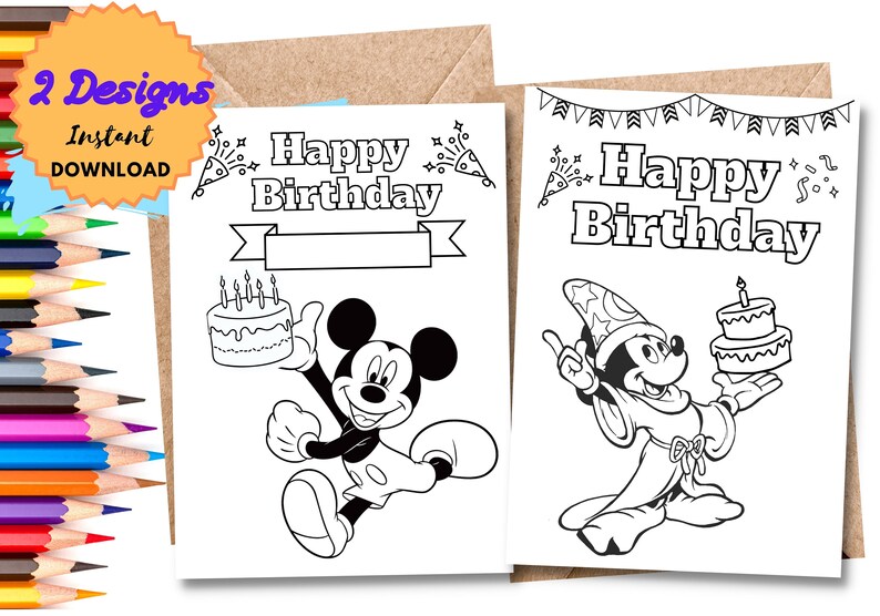 PRINTABLE Happy Birthday Mickey Mouse Coloring Card | Color Your Own ...