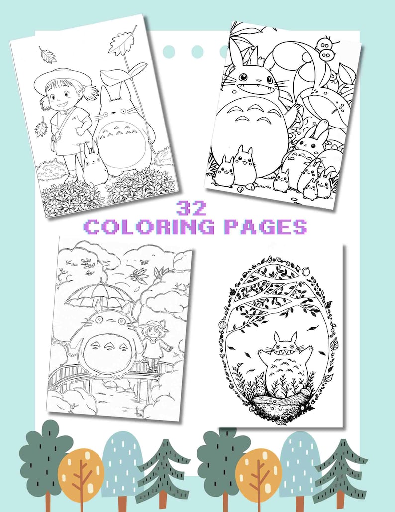 May include: Four black and white coloring pages featuring a cartoon character from the movie My Neighbor Totoro. The character is a fluffy, furry creature with large ears and a wide smile. The pages are perfect for kids who love to color and draw.