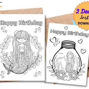 PRINTABLE Happy Birthday Mermaid Coloring Card | Color your own DIY birthday card | Digital DOWNLOAD | Coloring birthday cards for kids |