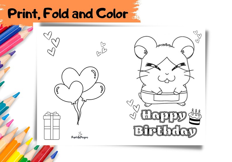 PRINTABLE Happy Birthday Hamster Coloring Card | Color Your Own DIY ...