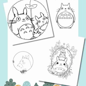 May include: Black and white coloring page featuring Totoro, a popular character from the Studio Ghibli film, My Neighbor Totoro. The page includes three different images of Totoro in various poses.
