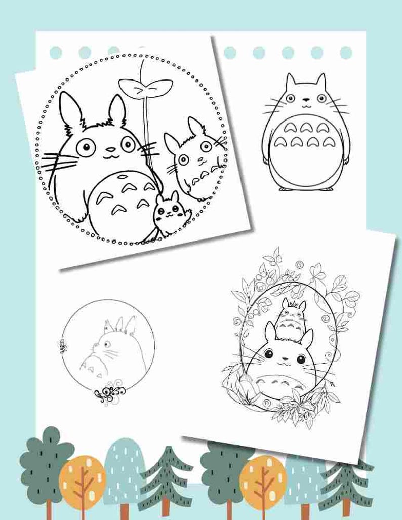 May include: Black and white coloring page featuring Totoro, a popular character from the Studio Ghibli film, My Neighbor Totoro. The page includes three different images of Totoro in various poses.