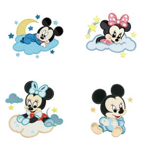 Conception de motif de broderie bébé Mickey Minnie, 8 Images PNG JPG, lot de clipart motif broderie nouveau-né, téléchargement numérique