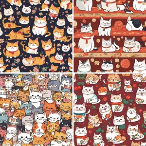 Op de afbeelding: Vier patroonontwerpen met cartoonkatten in verschillende poses en kleuren. De patronen tonen oranje, witte en grijze katten op marineblauwe, rode en crèmekleurige achtergronden. Geschikt voor stof of papier.