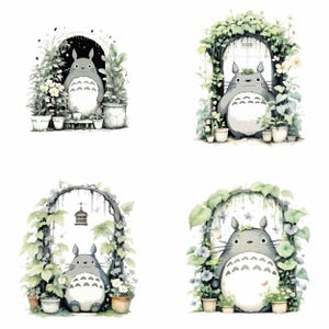 Puede incluir: Cuatro ilustraciones de acuarela de una criatura gris y peluda con ojos grandes y una pequeña boca, de pie frente a un arco de hojas. La criatura está rodeada de plantas verdes y flores en macetas.