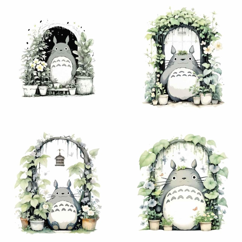 May include: Four watercolor illustrations of a gray, furry creature with large eyes and a small mouth, standing in front of a leafy archway. The creature is surrounded by green plants and flowers in pots.