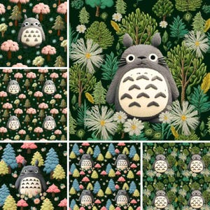 May include: A repeating pattern featuring a cartoon character with large ears and a fluffy body, surrounded by green trees and flowers. The character is grey with a white belly and has a friendly expression. The background is a dark green.