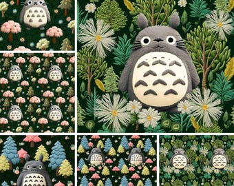Ghibli Embroidery Seamless Pattern Inspired Clipart 3 JPG PNG Images, Japanese Anime Character Art, , Digital Download