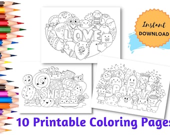 May include: Ten black and white printable coloring pages featuring cute cartoon characters and the words "LOVE", "SWEET", and "PARTY".