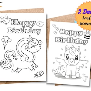 PRINTABLE Happy Birthday Unicorns Coloring Card | Color your own DIY birthday card | Digital DOWNLOAD | Coloring birthday cards for kids |
