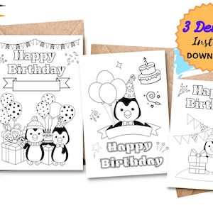 PRINTABLE Happy Birthday Penguin Coloring Card | Color your own DIY birthday card | Digital DOWNLOAD | Coloring birthday cards for kids |