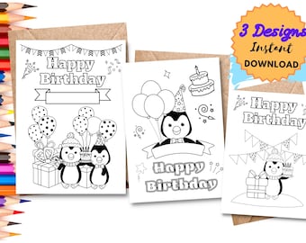 May include: Three printable coloring pages featuring penguins celebrating a birthday. The first page has two penguins holding presents and balloons. The second page has a penguin wearing a party hat and holding balloons. The third page has a penguin holding a cake and a gift.
