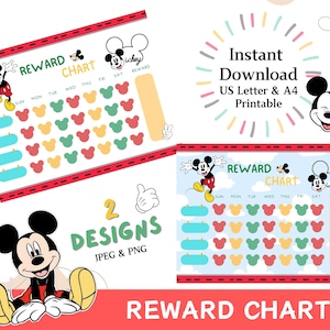 May include: Two printable reward charts featuring Mickey Mouse. Each chart has a colorful design with Mickey Mouse's head and the words "Reward Chart". The charts are designed for use with stickers or other rewards.