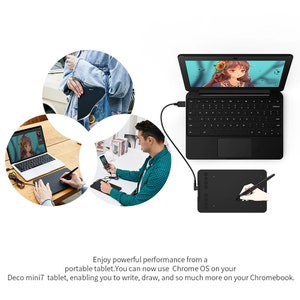May include: A black drawing tablet with a stylus and a USB cable connected to a black Chromebook laptop. The Chromebook is open and displaying a colorful image on the screen. The text "Deco mini7" is visible on the tablet.