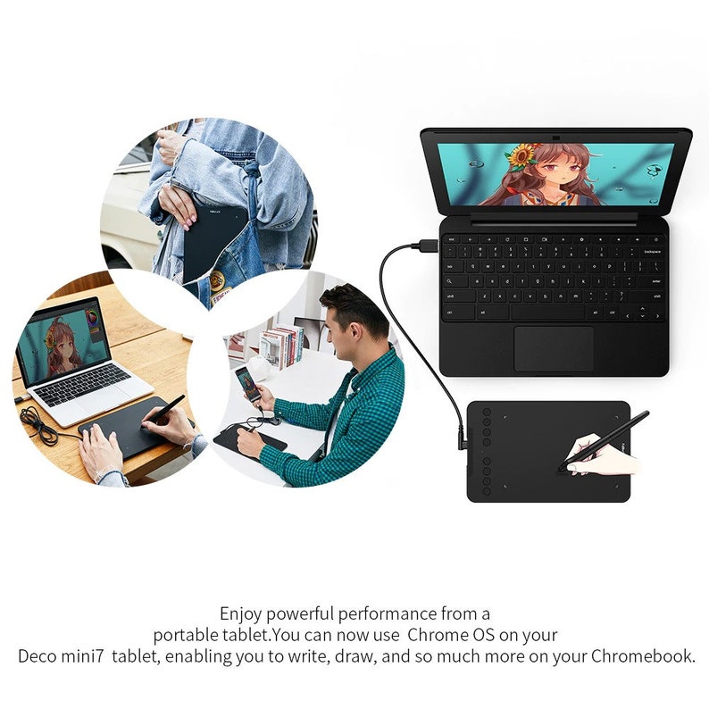May include: A black drawing tablet with a stylus and a USB cable connected to a black Chromebook laptop. The Chromebook is open and displaying a colorful image on the screen. The text "Deco mini7" is visible on the tablet.