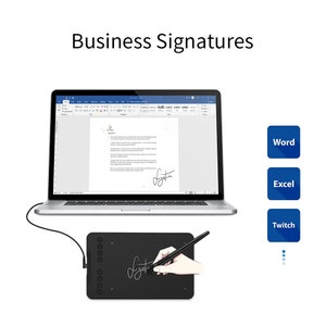 May include: A black digital drawing tablet with a stylus pen, connected to a laptop computer displaying a Microsoft Word document with a handwritten signature. The words "Word", "Excel", and "Twitch" are visible on the right side of the image.