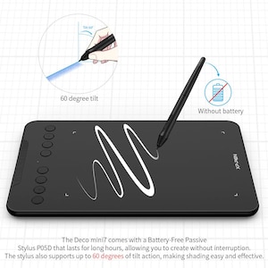 May include: A black drawing tablet with a black stylus. The tablet has eight round buttons on the left side and the text "XP-PEN" on the right side. The stylus is battery-free and supports up to 60 degrees of tilt action.