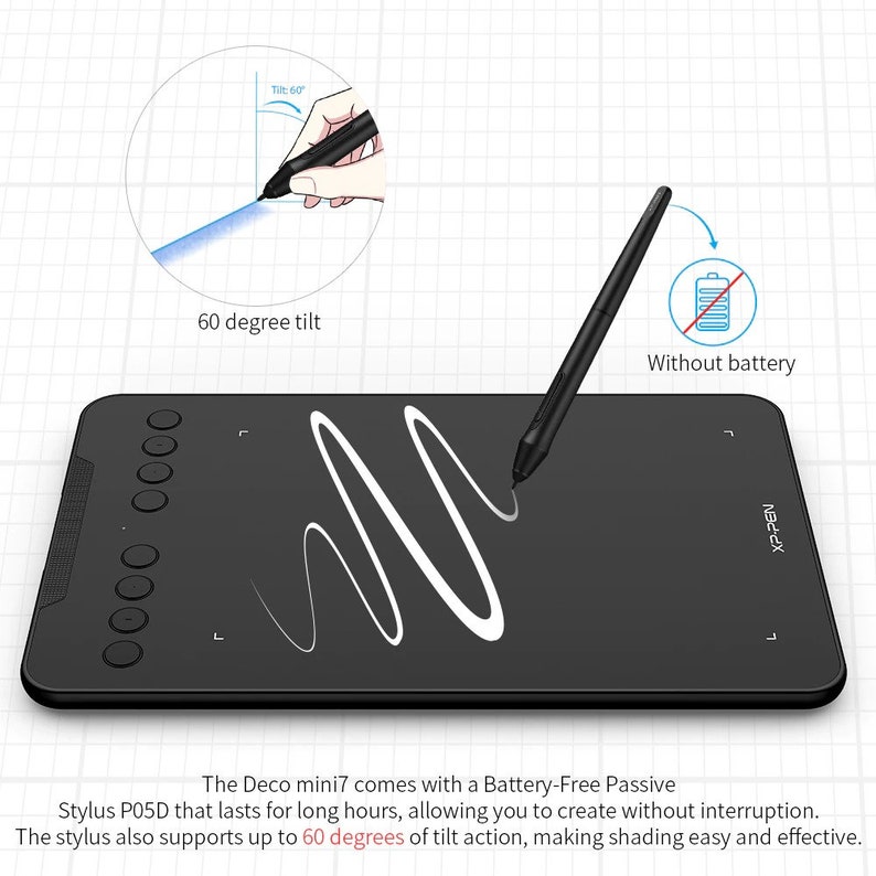 May include: A black drawing tablet with a black stylus. The tablet has eight round buttons on the left side and the text "XP-PEN" on the right side. The stylus is battery-free and supports up to 60 degrees of tilt action.