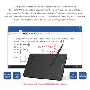 May include: A black digital drawing tablet with a stylus pen. The tablet has a textured surface and a circular button on the top right corner. The tablet is compatible with Chrome OS 88.0.4324.109 and above.