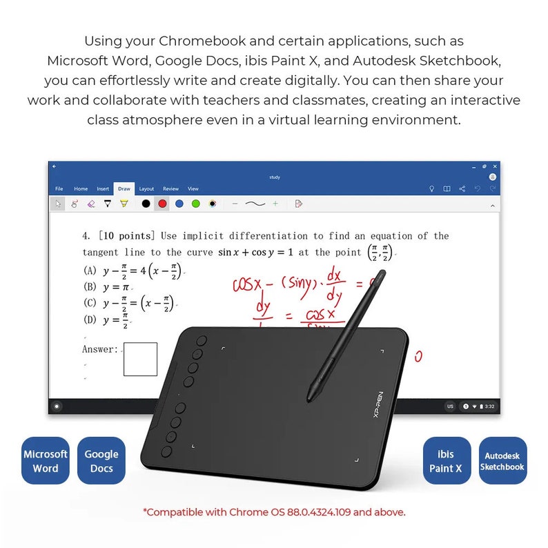 May include: A black digital drawing tablet with a stylus pen. The tablet has a textured surface and a circular button on the top right corner. The tablet is compatible with Chrome OS 88.0.4324.109 and above.