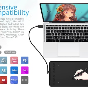 May include: A black drawing tablet with a pen and a USB cable connected to a laptop. The laptop screen shows an anime-style image. The tablet is compatible with Windows, Mac, Android, and various software programs including Photoshop, SAI, Painter, Illustrator, Clip Studio, GIMP, Medibang, Krita, Fire Alpaca, and Blender 3D.