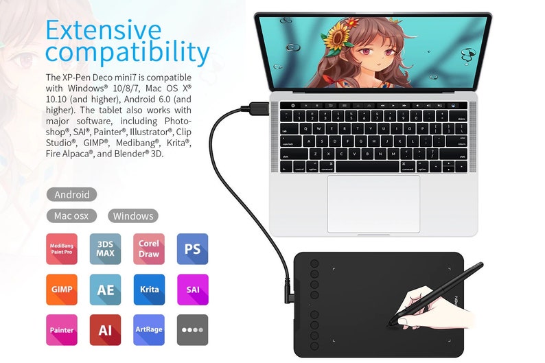 May include: A black drawing tablet with a pen and a USB cable connected to a laptop. The laptop screen shows an anime-style image. The tablet is compatible with Windows, Mac, Android, and various software programs including Photoshop, SAI, Painter, Illustrator, Clip Studio, GIMP, Medibang, Krita, Fire Alpaca, and Blender 3D.