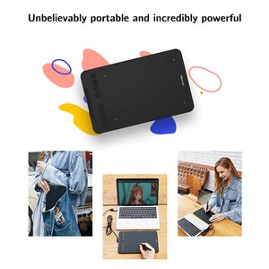 May include: A black drawing tablet with eight buttons on the side. The tablet is on a white background with colorful shapes.