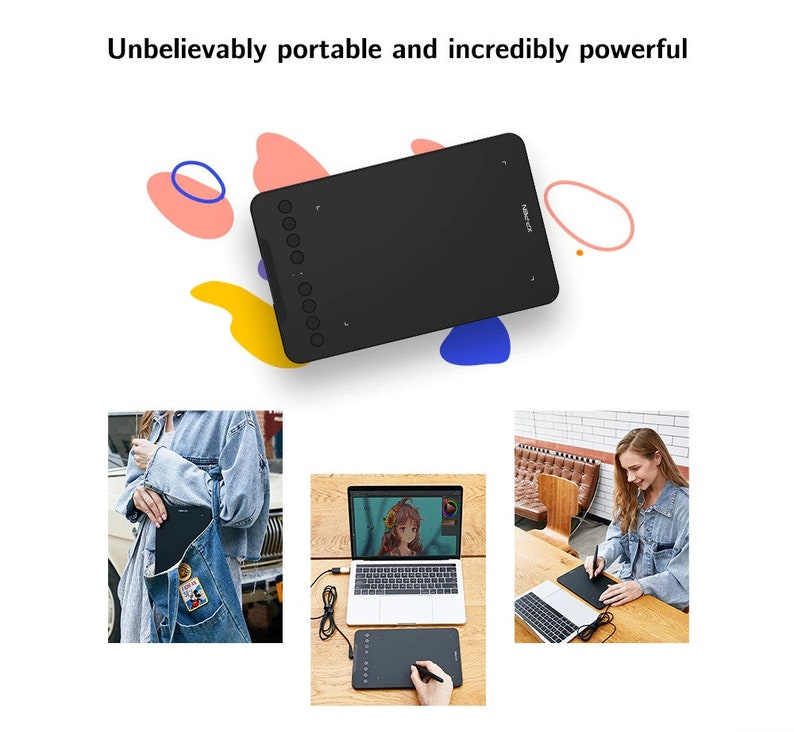 May include: A black drawing tablet with eight buttons on the side. The tablet is on a white background with colorful shapes.