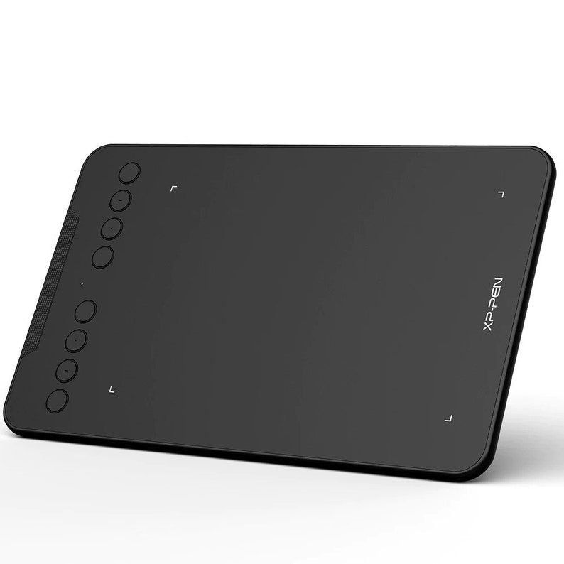 May include: Black drawing tablet with eight buttons on the left side and the text "XP-PEN" on the right side.