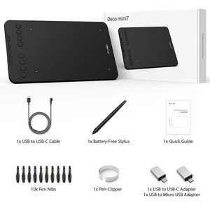 May include: A black drawing tablet with a battery-free stylus, USB-C cable, pen nibs, pen clipper, and USB adapters. The tablet is labeled "Deco mini7".