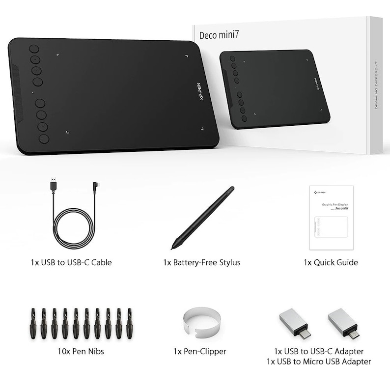 May include: A black drawing tablet with a battery-free stylus, USB-C cable, pen nibs, pen clipper, and USB adapters. The tablet is labeled "Deco mini7".