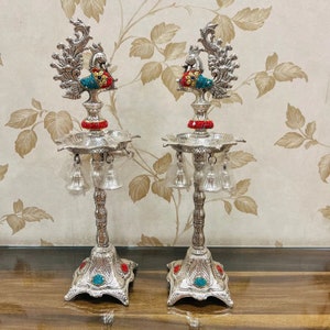 German Silver Peacock Samai, Oil Wick Lamp,  Temple Decor, Diya Stand, Diwali Decor, Indian Gifts, Housewarming Gift, Free Express Delivery