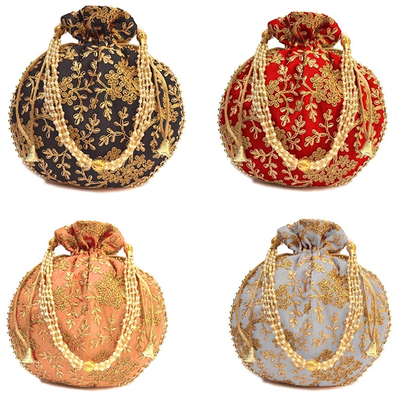 Partihandel med 200 st indiska handgjorda potli-påsar | Boho sidenpåse med dragsko, etniska bröllopspresentpåsar | Bulkpresentpåsar | Brudfestpresent bild 4