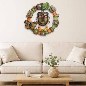 KRISHNA Bhagwan Circle Wrought Iron Wall Hanging, Krishna Wall Decor,Krishna Wall Art,Krishna Decor Wrought Iron Art Hanging