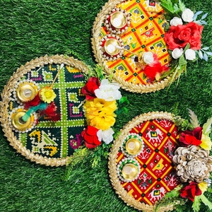 Indian Handmade Decorative Pooja Thali karwachauth Thali Traditional Decorative with Gota Patti Work karwa choath thali Diwali pooja thali