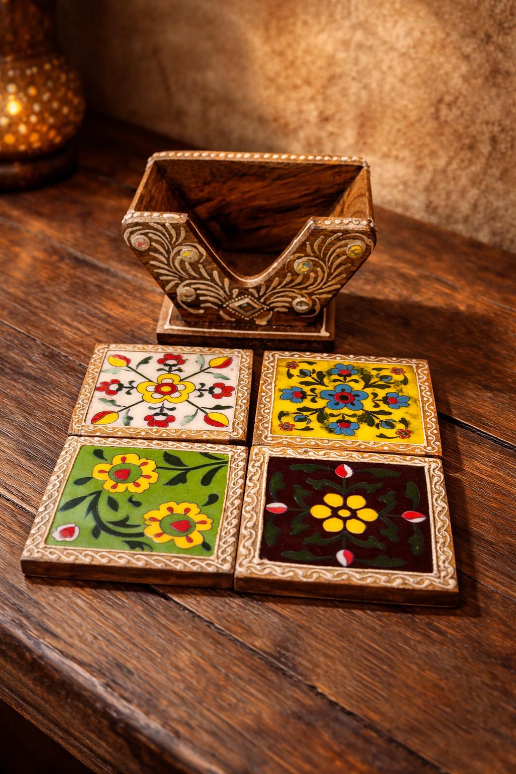 Handmade Wooden Coasters, Indian Folk Art Floral Design, Rustic Table ...