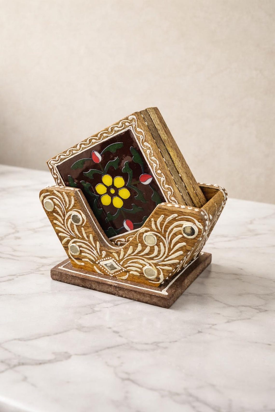 Handmade Wooden Coasters, Indian Folk Art Floral Design, Rustic Table ...