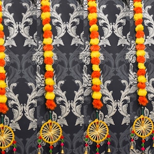 Artificial Marigold Flower Garland with Windchime | Wedding Decoration| Home Door Entryway Wall Hanging| Mandir Backdrop Indian Diwali Decor