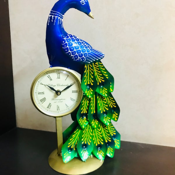 Handcrafted Indian Peacock Table Clock Figurine  A Unique Elegant Table Decor and Collectible for Living Room and Office - Perfect Gift Idea