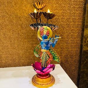 Handcrafted Krishna Tealight Candle Holder | Colorful Metal Figurine Diya Stand | Indian Festival Decor|  Home Decor |Metal  tealight holder