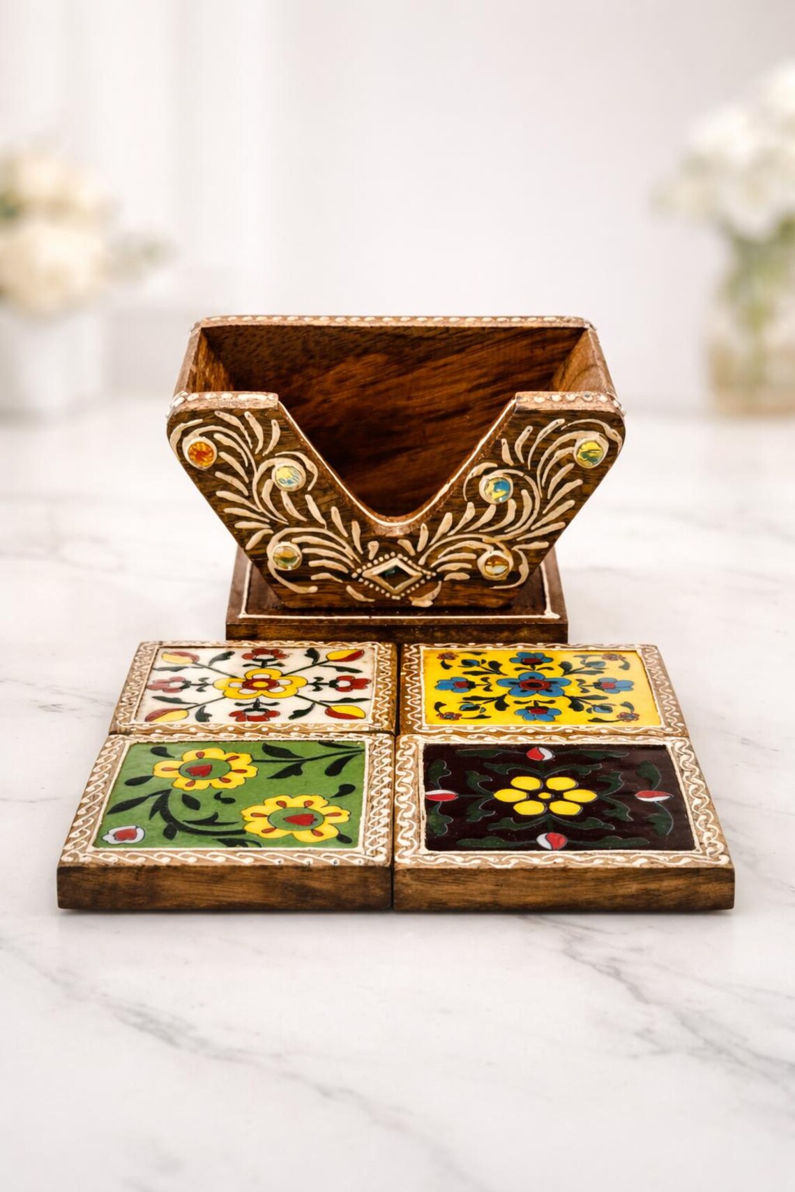 Handmade Wooden Coasters, Indian Folk Art Floral Design, Rustic Table ...