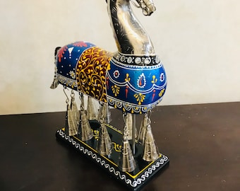 Unique Design Colorful Wooden & Iron Metal Handcrafted Horse With Bells/Handmade Embossed Painted Statue/Home Decor/Elephant On Stand