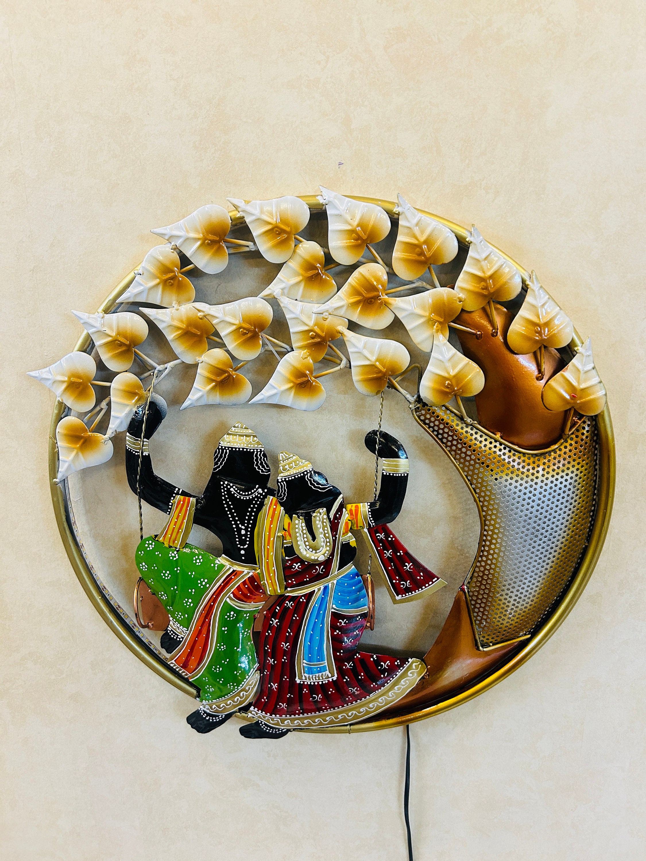 Radha Krishna Metal Wall Hanging , Metal Wall Art, Wall Decor, Round Radha Krishna Hanging on Tree, Metal Sculpture, Housewarming Gift