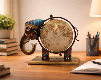 Globo terráqueo decorativo con elefante, pieza decorativa vintage para escritorio y oficina, figura de elefante india hecha a mano, regalo único para el hogar.